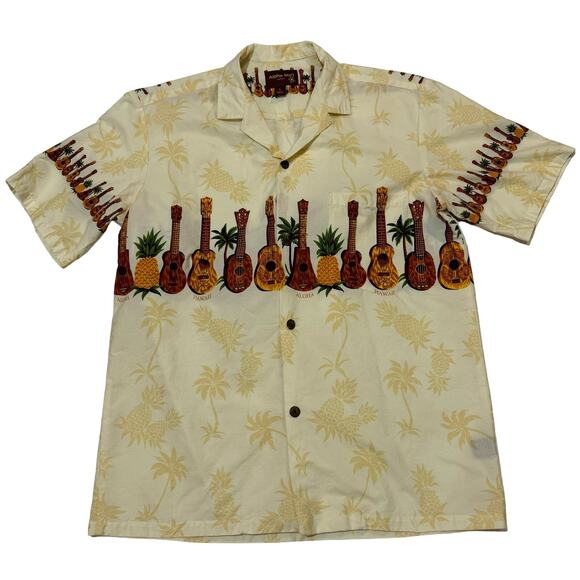Hawaiian Guitars Pineapples Luau Shirt Mens Size Large Aloha Mo'i Palm Trees - Picture 1 of 11